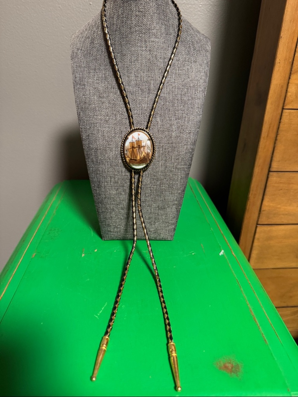 Brown Braided Cord Bolo Necklace with Gold Accents and Ship Medallion